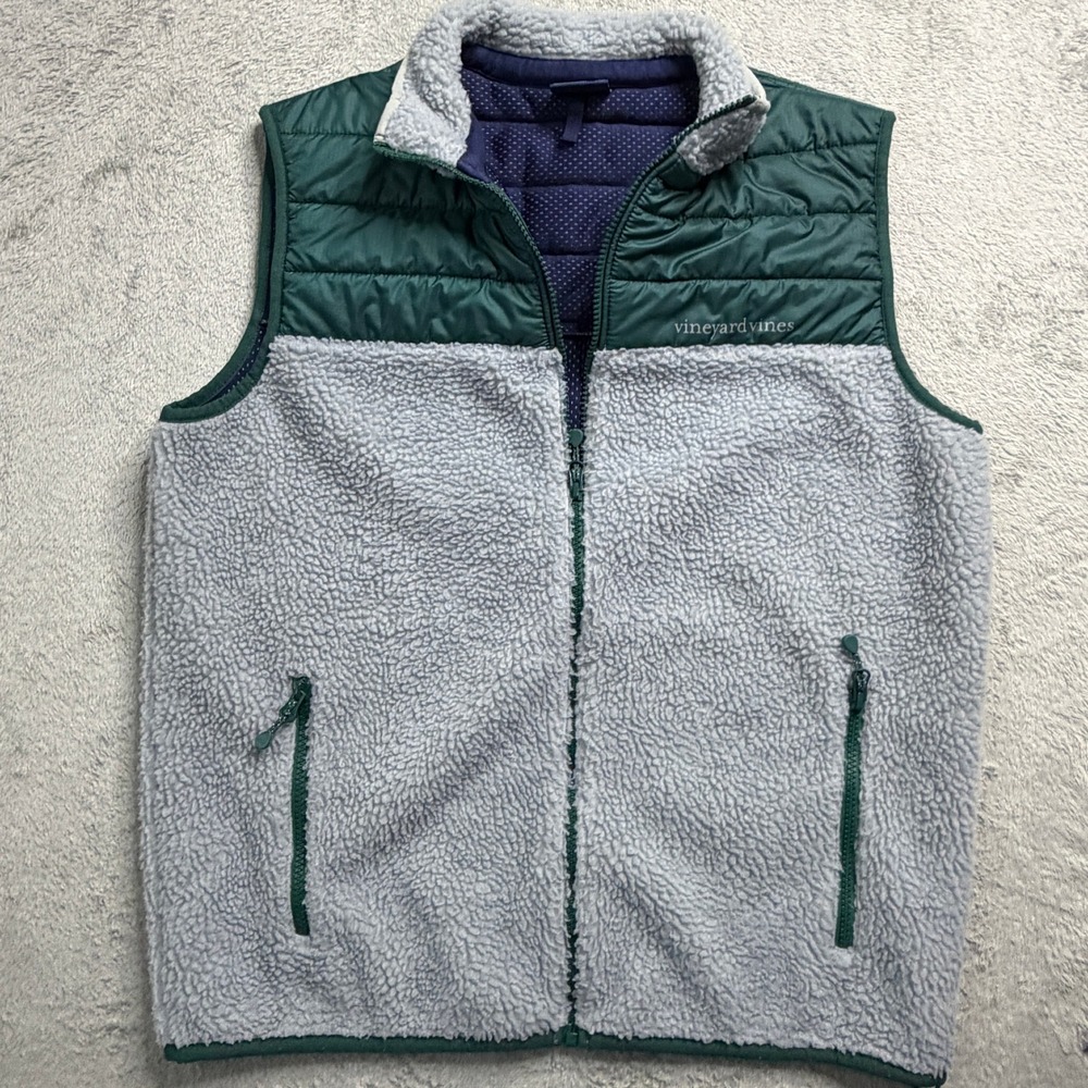 Vineyard Vines Mens Grey Sherpa Fleece Green Quilted Mixed Media Vest Medium